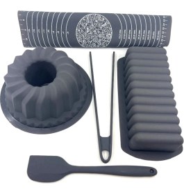 Resim 5 Parça Antrasit Silikon Mutfak Seti Pastacılık Seti Oval Baton Kek Kalıbı Maşa Spatula Hamur Matı 