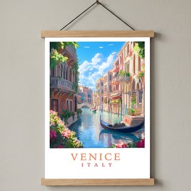 Resim Venice Italy Travel Poster - Vintage Canal Gondola Romance Print - With Hanger - Wood / 20 x 28" (50x70 cm) 