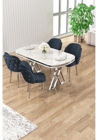Resim Canisa Zae Serisi 90x168 Lak Panel Beyaz Mermer Desen Krom Ayak Masa Takımı 4 Antrasit Sandalye Beyaz Mermer Desen Masa, Antrasit Sandalye 