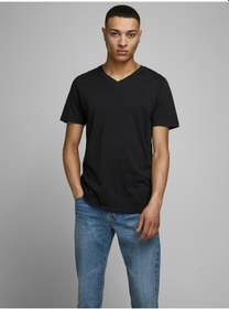 Resim Jack & Jones JJEplaın V Yaka Basıc Tişört 12136713 Siyah 