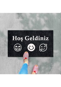 Resim Balkon Ve Iç Dış Kapı Yıkanabilir Nem Alıcı Toz Alıcı Halı Kapı Önü Paspası Türkçe Hoş Geldiniz Siyah 