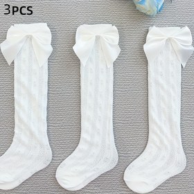 Resim 3 Çift Kız Çocuk Çorabı, Yazlık File Orta Boy Bağcıklı Okul Çorapları, Uzun Tüp Çoraplar, Beyaz 