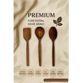 Resim 3'lü %100 Doğal Çizme Yapmaz Ceviz Ağacı Ahşap Mutfak Seti – Spatula, Kaşık, Kevgir 