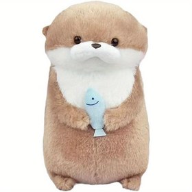 Resim Balıkla Sevimli Su Samuru Peluş Kedi Oyuncağı - Yumuşak, Dayanıklı Polyester, Tüm Kedi Irklarıyla Etkileşimli Oyun İçin İdeal, Sevimli Karikatür Tasarımı 