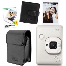 Resim Fujifilm Instax Mini LiPlay Hybrid Misty White Fotoğraf Makinesi 20'li Film Albüm ve Deri Kılıf Hedi 
