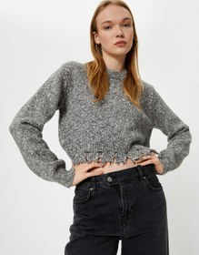 Resim Kırçıllı Triko Kazak Yırtık Detaylı Uzun Kollu Bisiklet Yaka 