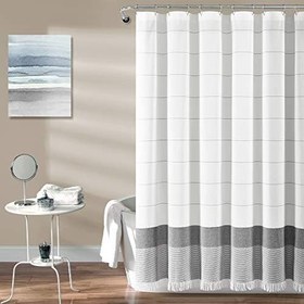 Resim Lush Decor Beyaz Dokuma Pamuk Duş Perdesi Gri Çizgili ve Püsküllü Saçaklı, Banyo Aksesuarları (182,88 cm x 182,88 cm) 