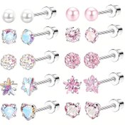 Resim 10 Adet Cerrahi Çelik Küpe, Kadın ve Erkekler İçin Hipoalerjenik Paslanmaz Çelik Yuvarlak/Kalp/Beş Köşeli Yıldız Şekilli Sentetik Zirkon Taşlı Kulak Kıkırdağı Piercing Küpesi 
