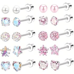 Resim 10 Adet Cerrahi Çelik Küpe, Kadın ve Erkekler İçin Hipoalerjenik Paslanmaz Çelik Yuvarlak/Kalp/Beş Köşeli Yıldız Şekilli Sentetik Zirkon Taşlı Kulak Kıkırdağı Piercing Küpesi 