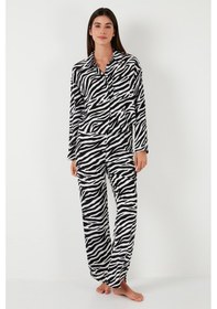 Resim Lela Desenli Rahat Kesim Bol Paça Yazlık Bayan Pijama Takımı 6110014 Siyah-Beyaz 