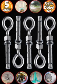 Resim Badem10 Kancalı Çelik Dübel M6 Salıncak Boks Torbası Avize Tavan Asma Aparatı Asacağı Kapalı Ağız 5 Adet 
