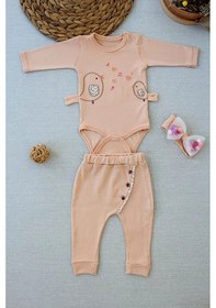 Resim 3-6 6-9 9-12 Ay Şarkıcı Kuşlar Nakışlı Bandanalı Uzun Kollu Zıbınlı 3lü Kız Bebek Takımı Buğday Buğday 