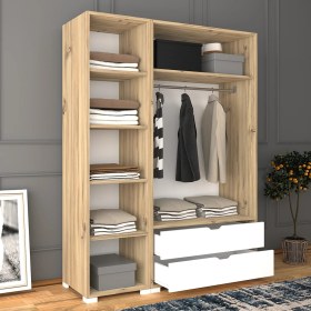 Resim Midoser Mat Beyaz - Keçe (Açık Ceviz) 3 Kapılı 2 Çekmeceli Elbise Dolabı - Gardırop 