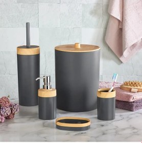 Resim Bersachef Limpia Bambu Desenli 5'li Banyo Seti Çöp Kovası Sıvı Sabunluk Diş Fırçalık Kutusu Banyo Seti Gri 