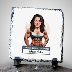 Resim Karikatürlü Kadın Vücut Geliştirici Dekoratif Taş 