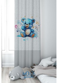 Resim Mavi Ayıcık Desenli Fon Perde Çocuk Ve Bebek Odası Süet Baskılı Ekstrafor Büzgü Tek Kanat Çok Renkli 