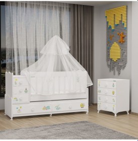 Resim Melina Mdf Çıtalı Beşik Ve Şifonyer + Yatak + Uyku Seti - Ayıcık Beyaz 