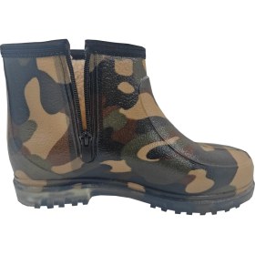 Resim Kamuflaj Desenli Fermuarlı Su Geçirmez Kısa Yağmur ve Bahçe Botu – Yünlü Astar, Kaymaz Taban 