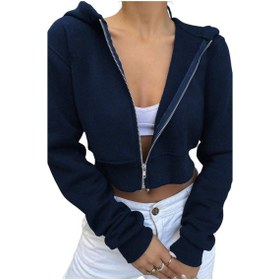 Resim Lacivert Kadın Crop Fermuarlı Kapüşonlu Sweatshirt Lacivert 