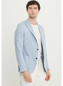 Resim AC&Co / Altınyıldız Classics Erkek Mavı Keten Slim Fit Dar Kesim Kırlangıç Yaka Balıksırtı Desenli Blazer Ceket Mavi 