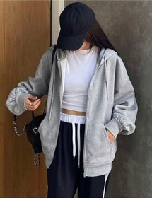 Resim Harmandar Baskısız Kadın Gri Cepli Kapüşonlu Fermuarlı Sweatshirt Hırka Grihirka 