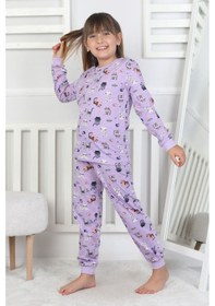 Resim Uzun Kollu Cute Cat Desenli Kız Çocuk Pijama Takımı Mor 