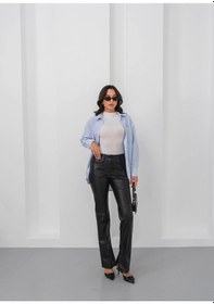 Resim İspanyol Yırtmaçlı Paça Deri Pantolon Siyah Hn Siyah 