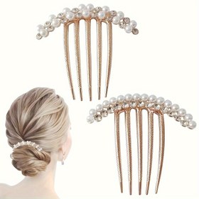 Resim Şık Sahte İnci Süslemeli Saç Yan Tarağı Vintage Saç Ön Perçemi Trendy Saç Tokası Kadınlar ve Günlük Kullanım İçin, Vintage Saç Aksesuarları, Kristal, Altın 