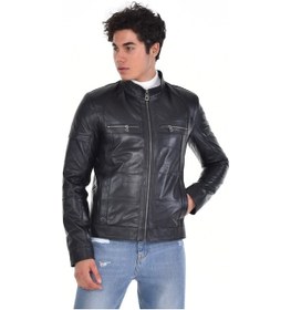 Resim Hakiki Deri Siyah Erkek Deri Mont Hakim Yaka Üst Ve Yandan Fermuarlı Cep Detaylı Deri Ceket Siyah 