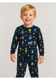 Resim Cantoy Erkek Çocuk Pamuklu Uzay Baskılı Pijama Takımı-16058 Lacivert 
