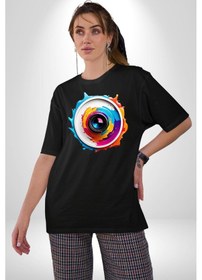 Resim Fotoğraf Makinesi Camera Lens Pamuklu Bisiklet Yaka Unisex Oversize Boyfriend Dijital Baskılı Siyah T-shirt Siyah 