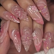 Resim 1 Set 24 adet Pembe Parlak Almond Şekilli Orta Uzunluklu Kelebek Lüks 3D Çiçek İsteği Tırnak Uçları Tırnak Yapıştırıcısı ve Tırnak Pürüzsüzleştirici ile, Tüm Bayanlar ve Kızlar için 