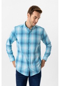 Resim Süvari Turkuaz Slim Fit Desenli Düğmeli Yaka Gömlek 