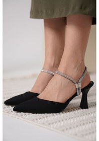 Resim Georgina Siyah Saten Taşlı Sivri Burun Topuklu Abiye Ayakkabı Siyah 