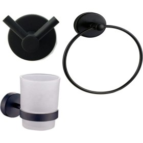 Resim Fndhome Siyah Banyo 3 Lü Set Diş Fırçalık, Askılık, Yuvarlak Havluluk 