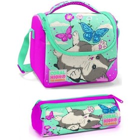 Resim Coral High Kız Çocuk Pembe Yeşil Kedi Beslenme Çantası Seti 