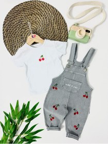 Resim Babyera Kiraz Nakışları Örme Kot Salopet Takım - Gri Gri 