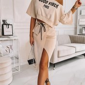 Resim Kadınlar İçin Şampanya Twist Harf Baskılı Asimetrik Etek Takımı - Günlük Stil, Bağcıklı Detay, Polyester Kumaş, Bahar/Yaz İçin Mükemmel, Günlük Kıyafet|Oyunca Baskı|Polyester Kumaş 
