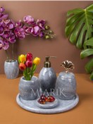 Resim MIARIK DESIGN & DEKORASYON Dekoratif Gri Oval Mermer Banyo Seti Takımı 5 Li Aksesuar Detaylı Tasarım Set 