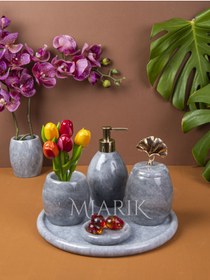 Resim MIARIK DESIGN & DEKORASYON Dekoratif Gri Oval Mermer Banyo Seti Takımı 5 Li Aksesuar Detaylı Tasarım Set 