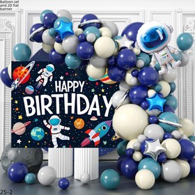 Resim 92 Parça Uzay Temalı Balon Kemer Seti ve Doğum Günü Banneri - Mavi, Beyaz, Teal & Siyah Balonlar, Astronotlar, Gezegenler, Yıldızlar 