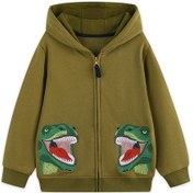 Resim Çocuk Modası, Çizgi Film Karakterli Dinozor İşlemeli Çocuk Kapüşonlu Kazak, Örgü Pamuklu Çocuk Hırka Ceket Koyu Yeşil 