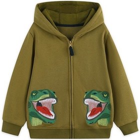 Resim Çocuk Modası, Çizgi Film Karakterli Dinozor İşlemeli Çocuk Kapüşonlu Kazak, Örgü Pamuklu Çocuk Hırka Ceket Koyu Yeşil 