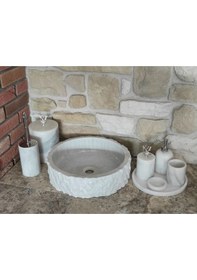 Resim Beyaz Mermer Gümüş Rengi Aksesuarlı 8'li Lavabolu Banyo Seti Beyaz 