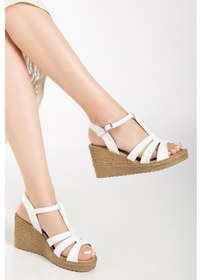 Resim Kadın Dolgu Topuk Sandalet Ayakkabı Beyaz 3 Bantlı Baretli-3938 Beyaz 