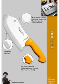 Resim Lazbisa Mft-002 Gold Serisi Pide Börek Mutfak Bıçağı Salata Pizza Bıçak Kıyma Et Satırı Doğrama 3 Lü Set Sarı 