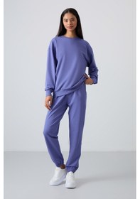 Resim Tommy Life Eflatun Basic Pamuklu O Yaka Oversize Lastik Paça Kadın Eşofman Takım - 95287 Mor 