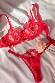 Resim Vday Gül Dantelli Balenli Balkonet Sütyen Takımı Kırmızı - Kırmızı / 80A / Standart 