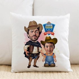 Resim Kovboy Baba ve Oğlu Karikatürlü Yastık 