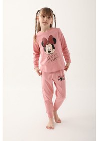 Resim Minnie Mouse Retro Pembe Kız Çocuk Uzun Kol Pijama Takım Pembe 